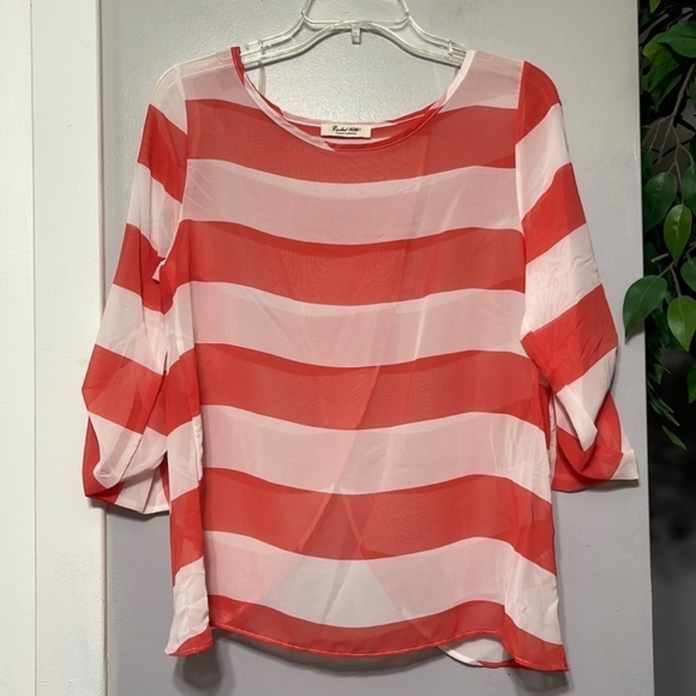 Rachel Kate‎ Fashion Collection Striped Sheer Kimono Style Blouse Top Women's M